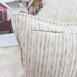 OYIMUA Chenille Cushion Cover 40 x 40 cm Beige Set of 2 Square Sofa Cushion Covers Soft Modern Decorative Cushion Covers with Edge Jacquard Stripes Home Accessories