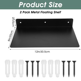 2 Pack Heavy Duty Metal Floating Shelves (12” x 8”) – Industrial Black Wall Mounted Shelves for Modern Home & Office Storage