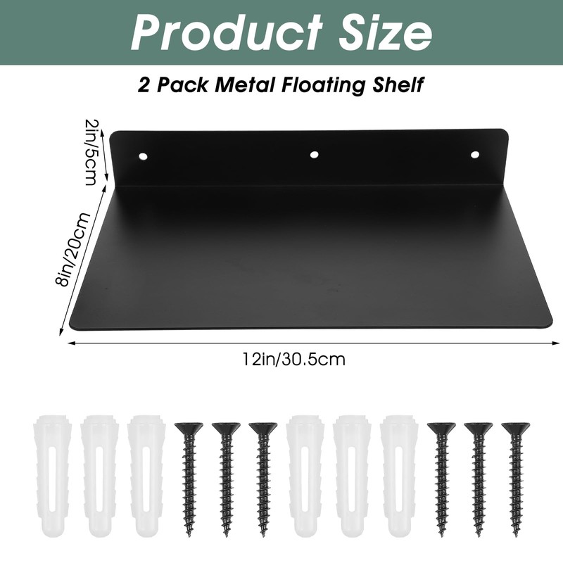2 Pack Heavy Duty Metal Floating Shelves (12” x 8”)