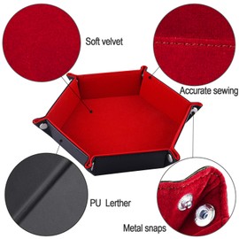 SIQUK Double Sided Dice Tray, Folding Hexagon PU Leather and Burgundy Velvet Dice Holder for Dungeons and Dragons RPG Dice Gaming D&D and Other Table Games