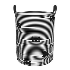 Gbuzozie Funny Black Cats On Striped Background Round Laundry Hamper Storage Basket Toys Clothes Organizer Bin For Home Bathroom Bedroom Dorm Nursery, 62l