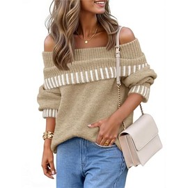 MEROKEETY Women's Off The Shoulder Sweater 2025 Fall Winter Long Sleeve Cute Ribbed Knit Striped Pullover Tops, Khaki, X-Large