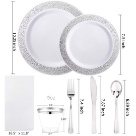 WELLIFE 350 Pieces Silver Disposable Plastic Dinnerware, Silver Lace Plates for Wedding & Party, Includes:50 Dinner Plates, 50 Dessert Plates, 50 Cups, 50 Pre Rolled Napkins with Silver Cutlery