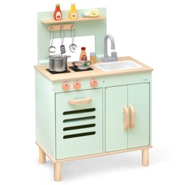 Pillowhale Wooden Play Kitchen Set, Mint Green Stove & Sink with 5 Stainless Steel Tools, Click Knobs, Storage Cabinets, Montessori Toy for Toddlers 3+