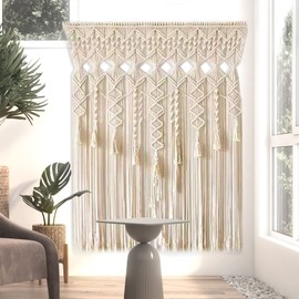 DDBESSIC Boho Macrame Curtains, 71x35inch Beige Hand Woven Window Curtain for Living Room, Room Dividers for Front Door Backdrops Tapestries Decoration