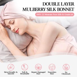 22 Momme 100% Pure Mulberry Silk Sleep Cap for Women Hair Care,Double Layer Natural Silk Bonnet Shower Cap Hair Wrap for Sleeping,Silk Night Hat with Elastic Stay On Head For Wash/Makeup