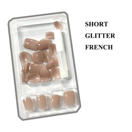 MERVF Square Press on Nails Short Fake Nails Glitter French Tip Glue on Nails Press ons Nude Design Acrylic Squoval False Nails for Women Glossy 24pcs
