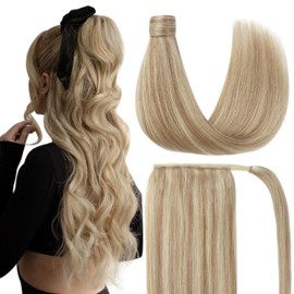 Ve Sunny Ponytail Extension Human Hair Blonde Real Hair Ponytail Extension Warm Ash Blonde Highlights Bleach Blonde Human Hair Ponytail Extensions Short Ponytail Real Hair Highlights 80g 14inch