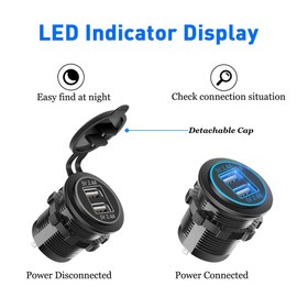Dual USB Fast Charger Socket, Waterproof Power Outlet 4.8A with LED Voltmeter+Wire Build in 10A Fuse DIY Kit for 12V/24V Marine Boat Golf Cart Truck Motorcycle More, Blue LED Display