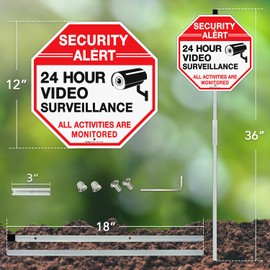 Faittoo Security Sign Video Surveillance Sign with 36" Stake for Outside, 2-Pack 12"x12" Rust Free Heavy Aluminum, Reflective, Fade Resistant, 2 pre-drilled holes, Includes Matching Screws & Wrench,