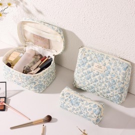 Anfly 3PCS Quilted Makeup Bag, Cotton Makeup Bag Set, Cute Blue Quilted Cosmetic Bag for Women, Large Travel Cosmetic Organizer, Makeup Organize