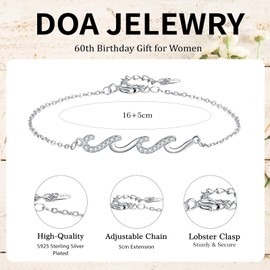 DOA 60th Birthday Gifts for Women, Adjustable Wavy Design Sterling Silver Bracelet, Birthday Presents for Mum Daughter Grandma Sister Friend