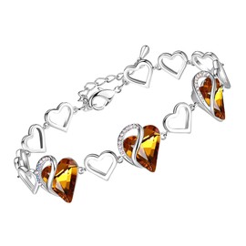 Leafael Infinity Love Heart Link Bracelets, November Birthstone Crystal Bracelet for Women, Silver Tone Jewelry Gifts for Her, Amber Brown, 7-inch Chain and 2-inch Extender