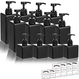 Amorettise 12 Pack Shampoo and Conditioner Dispenser Bottles, 8 Pack 22 Oz and 4 Pack 8 Oz Refillable Square Plastic Pump Bottles for Dispensing Lotions, Shampoo, Conditioner, Body Wash (Black)