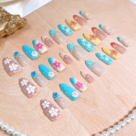 30Pcs 3D Flower Press on Nails Medium Almond French Tip Fake Nails with Pearl Rhinestones Hawaiian Flowers Acrylic Nails Fall False Nail Tips Summer Beach Floral Stick on Nails for Women Nail Designs