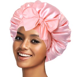 Silk Bonnet Satin Hair Bonnet With Tie Band for Sleeping Large Bonnets Hair Wrap with Adjustable Straps Hair Shower Cap for Women Curly Braid Hair(Rose Pink, XL)