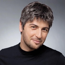 Men's Short Grey Wig, Natural Layered Synthetic Hair, Side-Swept Fringe Style