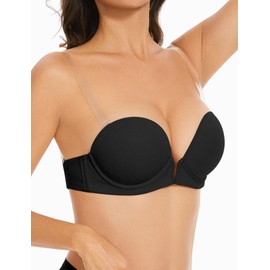 YANDW Women's Deep V Push Up Bra Backless with Back Transparent and Straps Low Back Plunge Padded Underwire Bra, black, 75B