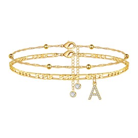 Ursteel Ankle Bracelets for Women, A Initial Anklet 14K Gold Plated Dainty Adjustable Layered Figaro Chain with CZ Letter A Initial Anklets Set Summer Jewelry Gifts Anklets for Women Teen Girls