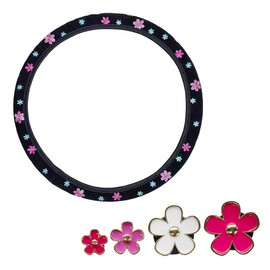 Cute Embroidery Flower Steering Wheel Cover Set, Vintage Floral Car Steering Wheel Protector with 4 Dashboard Air Vent Trim Clips, Car Interior Decoration Accessories for Girls Women (Pink)