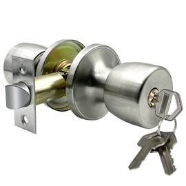 JO.KO Door Knob with Lock and Keyed, Satin Nickel Round Ball Lock Interior/Exterior Door Knob for Bedroom Or Bathroom (Stainless)