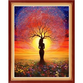 Foxhool - Kit de punto de cruz estampado, diseño de punto de cruz impreso de 11 quilates, kit de bordado completo para principiantes de punto de aguja, árbol de niña, 16 x 20 pulgadas