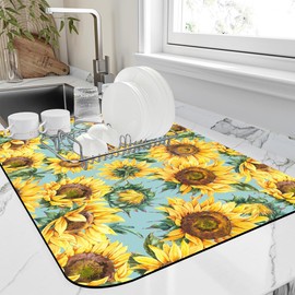 FTJHKUY Dish Drying Mat Watercolor Rustic Sunflower Dish Drying Pad,12"X19" Bsorbent Coffee Mat for Sink Dishes or Under Rack Kitchen Counter Accessories Absorbent Hide Stain Rubber Backed Drying Mat