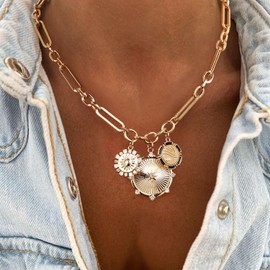 Clearine Chunky Gold Necklace for Women, Trendy Circle Sunflower Charm Choker Pendants Necklaces for Summer Beach Jewellery Accessories Hip Hop Gift Clear Gold-Tone