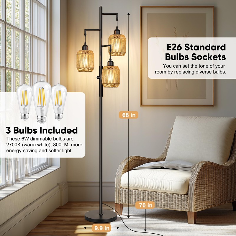 ROTTOGOON Dimmable Boho Floor Lamp - 3 Light Farmhouse Rattan