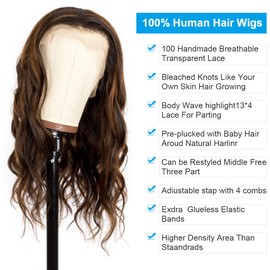 Originea Balayage FB30 Body Wave Highlight 13x4 Transparent HD Lace Front Human Hair Wigs for Black Women 10A Brazilian Remy Hair Ombre Highlights Lace Frontal Wigs 150% Density Pre-Plucked with Baby Hair (18 Inch, 13X4 Lace Front Wig FB30# Color)