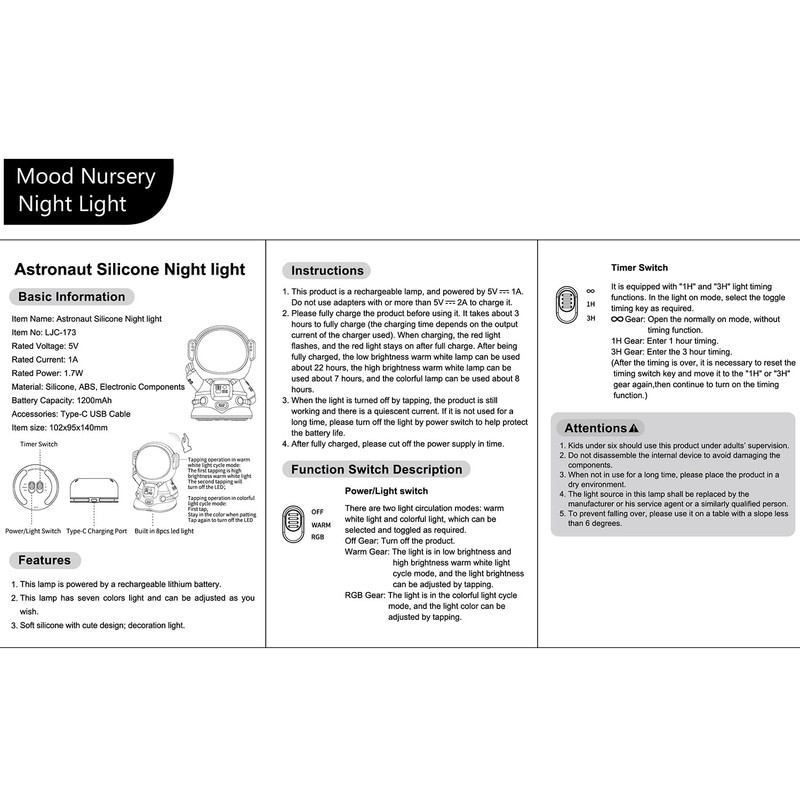 ANJOGIFT LED Night Light Cute 7Color Shift Astronaut Night Light