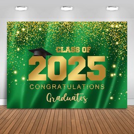Mocsicka 2025 Graduation Party Backdrop Class of 2025 Green Gold Glitter Background Congratulations Graduates Party Decoration Banner Photo Booth Props (7x5ft)