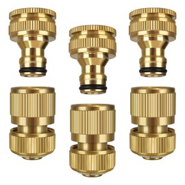 Brass Hose Connector, 1/2 Inch and 3/4 Inch 2-in-1 Garden Hose Connector, 1/2 Inch Quick Coupling, Female Thread Tap Connector Adapter, 6 Pack