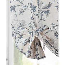jinchan Tie Up Valance Floral Linen Valance for Windows Farmhouse Valance 54 Inch Damask Printed Short Window Treatment Adjustable for Kitchen Living Room Light Filtering 1 Panel Blue on Beige