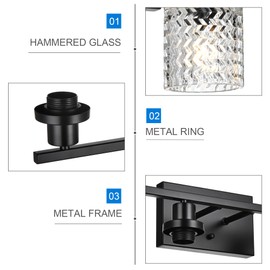 MELUCEE 3 Lights Modern Bathroom Light Fixtures Black Vanity Lights Indoor Wall Mounted Light with Hammered Glass Shade Suitable for Bathroom Living Room Hallway