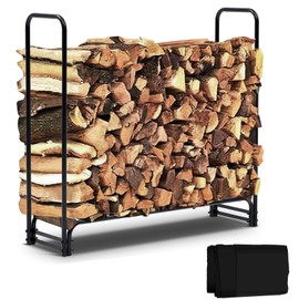 4ft Firewood Rack Cover Outdoor, 1/4 Cord Heavy Duty Wood Holder Storage with Waterproof Cover, Wood Racks Outdoor for Firewood, Log Storage Rack for Patio, Indoor Fireplace, Black