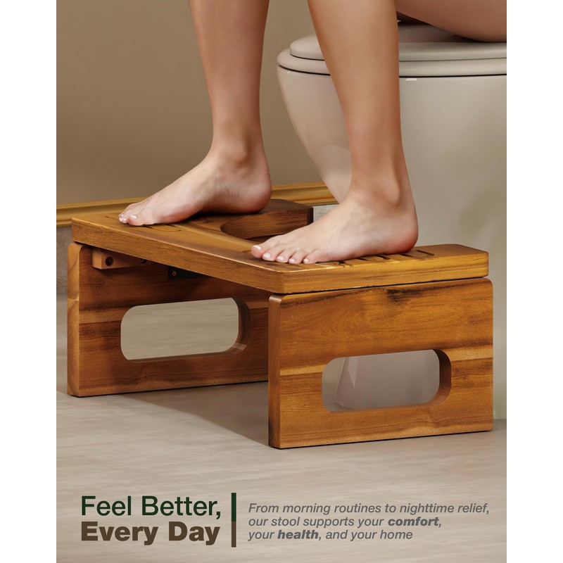 BLUEWEST Foldable Toilet Stool, 7'' and 9'' Adjustable Heights Acacia