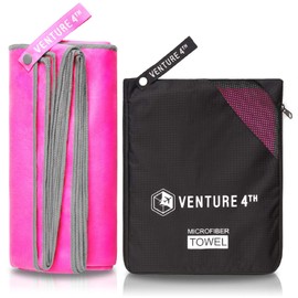 VENTURE 4TH Quick Dry Microfiber Towel - Odor Resistant, High Performance Towels for Gym, Camping, Travel, Yoga and Beach (Pink-Gray Extra Large) - Includes Tear Resistant Bag