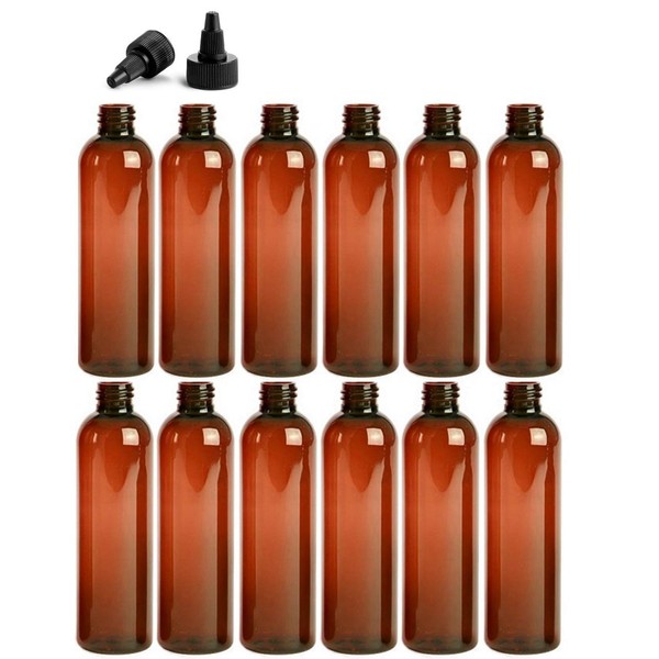 4 Ounce (120 ml) Cosmo Round Bottles, PET Plastic Empty Refillable BPA-Free, with Black Twist Top Caps (Pack of 12) (Amber)