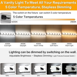 SOLFART 5 Color Temperature Adjustable LED Light Fixtures for Bath, 6 Lights Modern Bathroom Vanity Light Over Mirror, Bar Vanity Light