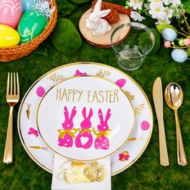 Hioasis 175pcs Easter Plastic Plates, Bunny Plastic Plates Disposable Include 25 Dinner Plates, 25 Dessert Plates, 25 Forks, 25 Knives, 25 Spoons, 25 Napkins，25 Cups Perfect for Easter Party