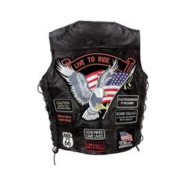 Diamond Plate Buffalo Leather Biker's Vest American Eagle Bomb Squad 14 Patches Side Laces Bes - XL