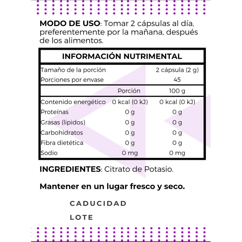 Citrato De Potasio Y Magnesio. 2 Frascos 100 Cpsulas Cu