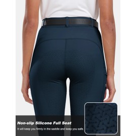 MoFiz Women's Silicone Full Seat Horse Riding Pants Zipper Pockets Equestrian Breeches Riding Tights Navy Blue S