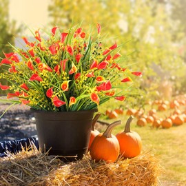 HOHOTIME Fall Flowers Outdoor, Fall Decorations for Home, 8 Pcs Fake UV Resistant Artificial Plants, Orange Plastic Faux Calla Lily Flowers for Indoor Cemetery Vase Pots Hanging Planters Decor