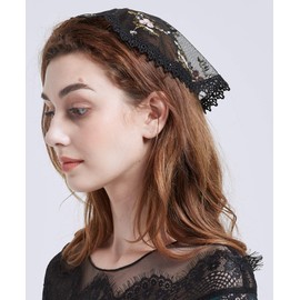 FANFAN Church Veils Headcovering Embroidery Catholic Lace Cap Mantilla Chapel Veil Y011 (Black Embroidery)