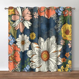 Jekeno Boho Floral Blackout Curtains, Bohemian Tropical Flower Print Decor, Wash Painting Patterned Grommet Window Drapes for Home Bedroom Living Room, 42 Wide 54 Long inches 2 Panels