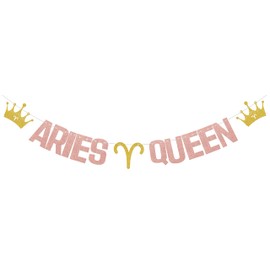 Aries Queen Banner, Happy Birthday Aries Party Decoration, Big Aries Energy Banner, Funny Aries Girl Birthday Party Supplies Rose Gold Glitter
