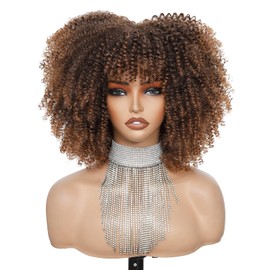 Charming cascade Afro Curly Wig with Bangs, 11 Inch Voluminous Natural Curly Synthetic Fiber Glueless Curly Bob Wigs for Black Women Fluffy Ready to Go Ombre Brown