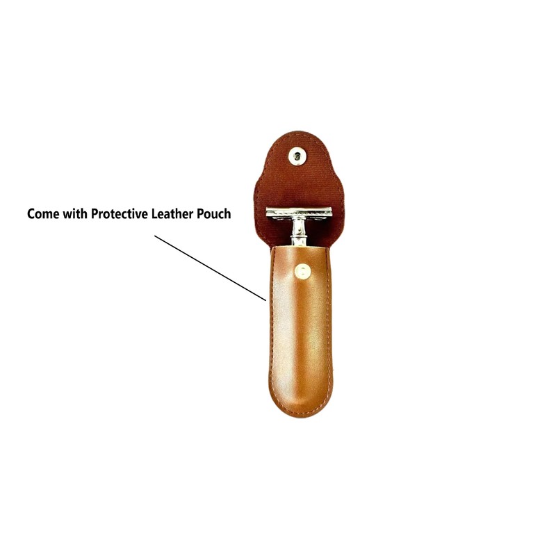 Classic Safety Razor Handle with Brown Leather Travel Case, Chrome-Plated